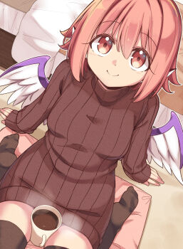  1girl alternate_costume animal_ears between_thighs bird_ears bird_wings black_thighhighs breasts brown_sweater closed_mouth commentary_request cup highres hot_chocolate long_sleeves looking_at_viewer medium_breasts medium_hair moja_(moja4192) mug mystia_lorelei no_headwear pillow pink_eyes pink_hair sitting sitting_on_pillow smile solo sweater thighhighs thighs touhou valentine wariza wings zettai_ryouiki 