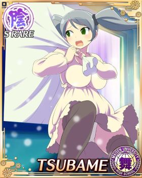  1girl :o black_thighhighs border breasts card_(medium) carrying_over_shoulder character_name dress game_cg green_eyes grey_hair holding holding_sack large_breasts long_hair looking_back official_art outdoors panties pantyshot sack senran_kagura senran_kagura_new_wave snowing solo swept_bangs thighhighs third-party_source through_wall tsubame_(senran_kagura) twintails underwear very_long_hair white_dress white_panties 