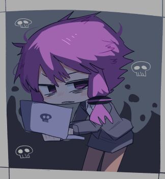  1girl black_jacket black_skirt border chibi chibi_only collared_shirt commentary_request computer cowboy_shot double-parted_bangs grey_background grey_border highres holding holding_laptop jacket konohoshi laptop long_sleeves parted_lips pencil_skirt purple_eyes purple_hair shirt short_hair_with_long_locks skirt skull solo vocaloid voiceroid white_shirt yuzuki_yukari 