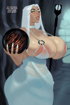  1girl absurdres areola_slip art_mein breasts dress english_text genderswap genderswap_(mtf) highres holding_orb huge_breasts indoors long_hair palantir saruman sleeveless sleeveless_dress solo the_lord_of_the_rings tolkien's_legendarium white_dress white_hair yellow_eyes 