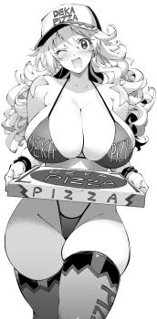  1girl ;d baseball_cap bikini blush box breasts cleavage clothes_writing commentary cowboy_shot curly_hair food greyscale happy hat highleg highleg_bikini highres holding holding_box holding_food holding_pizza large_breasts long_hair looking_at_viewer monochrome one_eye_closed open_mouth pizza pizza_box rakko_(r2) sandy_bash simple_background skindentation smile solo standing star_(symbol) star_sticker sticker sticker_on_shoulder string_bikini suketto_sanjou! sweatband swimsuit thighhighs white_background wristband 