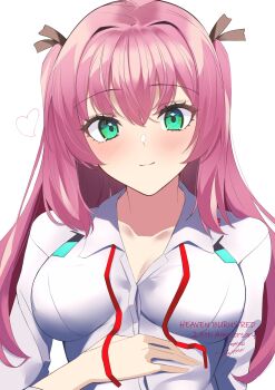  1girl :3 absurdres aikawa_megumi anniversary black_ribbon blush breasts cleavage closed_mouth collarbone collared_shirt commentary_request copyright_name eyelashes green_eyes hair_between_eyes hair_intakes hair_ribbon heart heaven_burns_red highres large_breasts long_hair long_sleeves looking_at_viewer neck_ribbon negino_yurine pink_hair red_ribbon ribbon shirt sidelocks signature simple_background smile solo split_mouth two_side_up undone_neck_ribbon upper_body white_background white_shirt 