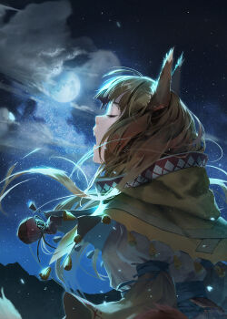  1girl animal_ears backlighting bag baraba_baba blurry breasts brown_hair capelet closed_eyes cloud depth_of_field drawstring drawstring_bag eyelashes fangs female_focus floating_hair from_side highres holo howling light_particles long_hair medium_breasts moon moonlight motion_blur mountain night open_mouth outdoors profile puffy_sleeves sash sky solo spice_and_wolf star_(sky) starry_sky tail tassel upper_body wolf_ears wolf_girl wolf_tail  rating:Sensitive score:23 user:danbooru