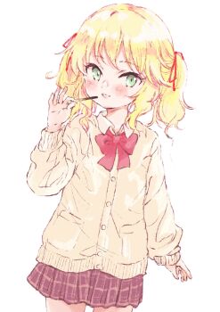  1girl blonde_hair blush bow bowtie cardigan commentary_request food green_eyes highres idolmaster idolmaster_cinderella_girls looking_at_viewer pocky sakurai_momoka school_uniform shin_fuj short_hair skirt smile solo twintails 