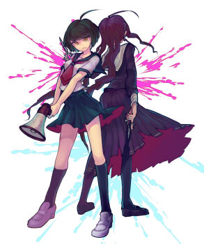  2girls ahoge back-to-back black_hair black_socks blue_sailor_collar blue_skirt closed_mouth collared_shirt commentary_request danganronpa_(series) danganronpa_another_episode:_ultra_despair_girls fukawa_toko full_body genocider_shou green_eyes hair_ornament hairclip highres holding holding_megaphone holding_scissors holding_weapon kneehighs long_hair long_skirt long_sleeves megaphone multiple_girls naegi_komaru necktie pitapitarapita purple_hair purple_serafuku purple_shirt purple_shoes purple_skirt red_necktie sailor_collar school_uniform scissors serafuku shirt shoes short_hair short_sleeves skirt socks standing torn_clothes torn_skirt v-shaped_eyebrows weapon white_background white_sailor_collar white_shirt white_shoes 
