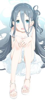 aris_(blue_archive) black_hair blue_archive blue_eyes bow commentary dot_nose dress flat_chest frilled_dress frills hair_between_eyes hair_spread_out halo hands_on_own_knees highres kokekokko_coma light_blush long_hair long_hair_between_eyes looking_at_viewer on_floor open_mouth own_hands_together panties pantyshot pink_bow sandals side_ponytail sitting smile solo strap_slip toes underwear very_long_hair white_background white_dress white_panties white_sandals rating:Sensitive score:39 user:danbooru
