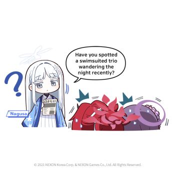  3girls ? blue_archive character_name chibi commentary donmin_h english_commentary english_text flower grey_eyes grey_hair hair_flower hair_ornament halo holding horns japanese_clothes long_sleeves motion_lines multiple_girls nagusa_(blue_archive) nervous_sweating no_nose official_art parted_lips pleated_skirt purple_flower purple_hair purple_halo red_hair red_halo renge_(blue_archive) single_horn skirt speech_bubble sweat yukari_(blue_archive) 