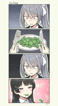  1girl 2girls 4koma black_hair black_jacket blue_eyes blush bow braid clover comic eating eating_clover_salad_(meme) fork hair_bow hair_ornament hairclip half-closed_eyes highres higuchi_kaede jacket knife long_hair meme mole mole_under_eye multiple_girls nervous nijisanji pas_(paxiti) plate ponytail school_uniform silver_hair smile sweat sweatdrop tsukino_mito tsukino_mito_(1st_costume) virtual_youtuber  rating:Sensitive score:16 user:danbooru