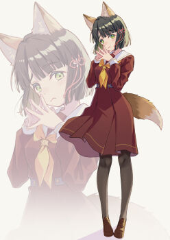  1girl animal_ear_fluff animal_ears black_hair black_pantyhose blunt_bangs blush bob_cut brown_dress closed_mouth commentary_request dress fox_ears fox_girl fox_tail full_body green_eyes hasu_no_sora_school_uniform highres kemonomimi_mode link!_like!_love_live! loafers long_sleeves looking_at_viewer love_live! macken666 momose_ginko neckerchief pantyhose pleated_dress sailor_collar sailor_dress school_uniform shoes short_hair solo steepled_fingers tail white_sailor_collar winter_uniform yellow_neckerchief zoom_layer 