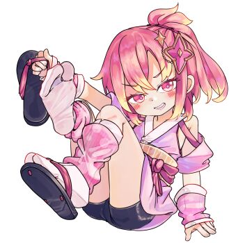  1girl arm_warmers bike_shorts black_shorts blonde_hair chaosexceed commentary english_commentary feet gradient_hair highres japanese_clothes kimono knees_up leg_warmers looking_at_viewer mixed-language_commentary multicolored_hair open_mouth original paid_reward_available pink_eyes pink_hair pink_kimono pink_leg_warmers sandals short_hair short_shorts shorts simple_background sleeveless sleeveless_kimono socks soles solo tabi toes white_background zouri 