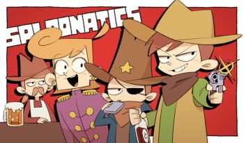  4boys alcohol beer beer_mug blue_jacket border bottle brown_hair brown_neckerchief coat commentary_request cowboy_hat cowboy_western cup drinking edd_(eddsworld) eddsworld edward_gold_(eddsworld) epaulettes episode_title eyepatch facial_hair flask green_shirt grin gun hat hip_flask holding holding_bottle holding_flask holding_gun holding_weapon jacket low_ponytail male_focus matt_(eddsworld) mjsc_10 mug multiple_boys mustache neckerchief official_style open_clothes open_jacket open_mouth open_vest orange_hair ponytail prince_matthew_(eddsworld) purple_coat red_background sheriff_(western) shirt short_hair short_ponytail simple_background smile thompson_(eddsworld) todd_(eddsworld) tom_(eddsworld) toon_(style) tord_(eddsworld) upper_body vest weapon white_border 