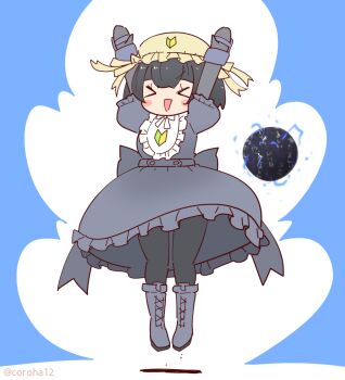  1girl apron arms_up black_hair blue_background boots commentary_request coroha dress full_body gloves jumping kemono_friends kemono_friends_3 keroro_gunsou maid maid_apron maid_headdress neck_ribbon pantyhose ribbon short_hair simple_background solo tamama_(kemono_friends) 