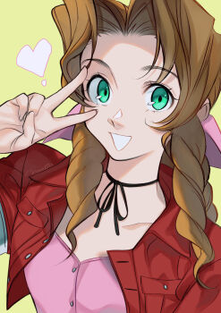 1girl aerith_gainsborough artist_name brown_hair commentary cropped_jacket dress drill_hair final_fantasy final_fantasy_vii green_eyes hair_ribbon heart highres jacket open_mouth pink_dress pink_ribbon red_jacket ribbon simple_background smile solo twin_drills v vinetsu yellow_background 