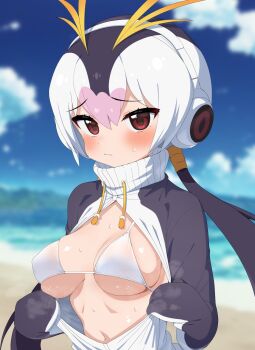  1girl beach bikini bikini_under_clothes black_hair blonde_hair blush breasts cloud cloudy_sky commentary headphones highres jacket kemono_friends large_breasts long_hair long_sleeves looking_at_viewer multicolored_hair ocean open_mouth partially_open_jacket penguin_girl pink_hair ransusan red_eyes royal_penguin_(kemono_friends) short_hair sky swimsuit turtleneck twintails white_bikini white_hair  rating:Questionable score:8 user:danbooru