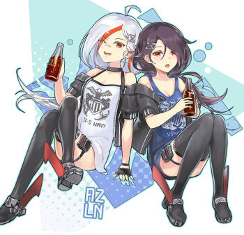  2girls ;d ahoge arm_support azur_lane bandaid bandaid_on_face bandaid_on_nose bare_arms bare_shoulders black_collar black_gloves black_hair black_jacket black_thighhighs blue_background blue_shirt bottle breasts cassin_(azur_lane) cassin_(retrofit)_(azur_lane) cleavage clothes_writing collar collarbone comaza commentary_request crossed_legs downes_(azur_lane) downes_(retrofit)_(azur_lane) earrings fingerless_gloves full_body gloves hair_between_eyes hair_ornament hairclip half_gloves halftone halftone_background holding holding_bottle jacket jacket_partially_removed jewelry knees_together_feet_apart legwear_garter long_hair looking_at_viewer low_ponytail mole mole_under_eye multicolored_hair multiple_girls off_shoulder one_eye_closed open_mouth photoshop_(medium) ponytail print_shirt red_eyes revision rudder_footwear shirt short_sleeves sidelocks sitting sleeveless sleeveless_shirt small_breasts smile soda_bottle thigh_strap thighhighs united_states_navy unzipped us_navy_(emblem) white_background white_hair white_shirt yellow_eyes 
