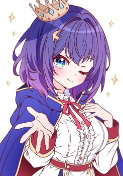  +_+ 1girl ;) blue_eyes blush breasts cape center_frills closed_mouth crown diffraction_spikes doyagao frills hair_intakes hair_ornament highres hood kanaria_chick large_breasts long_sleeves looking_at_viewer mini_crown one_eye_closed ribbon shirt shizuka_(world_dai_star) smile smug solo sparkle sparkle_background sparkling_eyes striped_background upper_body white_background white_shirt world_dai_star 
