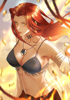 1girl artist_name azaikisan bandaged_arm bandages bare_shoulders belt belt_buckle brown_belt brown_collar buckle collar collarbone denim denim_bikini frayed_clothes green_eyes highres jewelry korryn_(path_to_nowhere) linea_alba navel_piercing necklace parted_lips path_to_nowhere piercing red_hair red_lips shirt white_shirt 