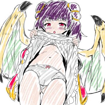  1girl blush bow bow_panties cameltoe cleft_of_venus clothes_lift dragon_girl dragon_wings dress dress_lift fire_emblem fire_emblem:_the_sacred_stones gluteal_fold looking_at_viewer midriff myrrh_(fire_emblem) navel nemonemonerune nintendo panties presenting presenting_pussy purple_hair pussy red_eyes simple_background solo twintails underwear wings 