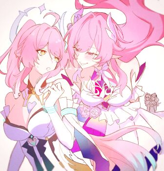  4girls bare_shoulders bracelet breasts character_name character_request cleavage color_connection commentary_request company_connection cross-shaped_pupils cyrene_(honkai:_star_rail) cyrene_(ripples_of_past_reverie)_(honkai:_star_rail) dress elysia_(hi_love_elf)_(honkai_impact) elysia_(honkai_impact) hair_color_connection halo highres honkai:_star_rail honkai_(series) honkai_impact_3rd inoue_marina jewelry large_breasts long_hair multiple_girls nanami_(pgr) pink_hair pointy_ears ponytail punishing:_gray_raven purple_eyes sadomne_sabu smile symbol-shaped_pupils twitter_username very_long_hair voice_actor_connection white_background white_dress wuthering_waves yanning yellow_eyes 