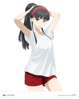  1girl absurdres amagi_yukiko arms_up artist_logo black_eyes black_hair character_name collarbone commentary copyright_name hairband highres logo long_hair looking_at_viewer mouth_hold persona persona_4 ponytail red_hairband red_shorts rifyaa shirt short_shorts shorts simple_background solo tying_hair white_background white_shirt 