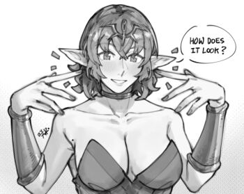  1girl alternate_hair_length alternate_hairstyle bare_shoulders blush bracelet breasts cleavage collarbone commentary crossed_bangs dress english_commentary english_text fingernails fire_emblem fire_emblem_awakening greyscale grin hair_between_eyes hair_ornament jewelry large_breasts mole monochrome nail_polish nintendo open_mouth pointy_ears sakuremi short_hair sideboob smile solo speech_bubble tiki_(adult)_(fire_emblem) tiki_(fire_emblem) upper_body 