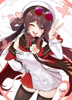  1girl ;p bare_shoulders breasts brown_hair chinese_clothes commentary_request cowboy_shot eyewear_on_head flower-shaped_pupils genshin_impact hair_between_eyes hand_on_own_hip hat heart highres hu_tao_(cherries_snow-laden)_(genshin_impact) hu_tao_(genshin_impact) jewelry long_hair long_sleeves looking_at_viewer official_alternate_costume one_eye_closed pink_nails qixi_cui_xing red-tinted_eyewear red_eyes request_inset ring round_eyewear skindentation small_breasts smile solo sunglasses symbol-shaped_pupils teeth thighhighs tinted_eyewear tongue tongue_out twintails upper_teeth_only v white_background white_hat zettai_ryouiki 