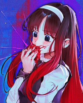  1girl black_hair blood blue_background gradient_hair hairband highres long_hair multicolored_hair purplerider red_hair solo tohno_akiha tsukihime upper_body white_hairband 