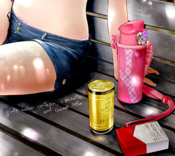  1girl bench beverage_can denim denim_shorts head_out_of_frame heart heart_panties heart_print loli mayafufu midriff original outdoors panties panty_peek print_panties shorts sitting solo tagme text_focus thighs underwear 