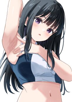 1girl absurdres arm_up armpits azakura_(beniyomogi) black_hair blush commentary crop_top highres inoue_takina long_hair looking_at_viewer lycoris_recoil navel open_mouth presenting_armpit purple_eyes sidelocks simple_background solo spread_armpit upper_body white_background rating:Sensitive score:38 user:danbooru