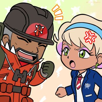  1boy 1girl :o anger_vein aqua_hairband binoculars black_gloves black_hair black_helmet blonde_hair blue_jacket chibi chibi_only clenched_hand closed_eyes coat collared_shirt commentary_request dark-skinned_male dark_skin earrings expedition_uniform eyelashes eyeshadow facial_hair father_and_daughter gloves green_eyes grey_hair hairband helmet highres jacket jewelry kuroki_shigewo lightning_bolt_earrings lightning_bolt_symbol long_sleeves makeup multicolored_hair necktie nintendo notice_lines open_clothes open_jacket open_mouth orange_coat peonia_(pokemon) peony_(pokemon) pokemon pokemon_swsh purple_eyeshadow purple_hair red_necktie shirt short_hair simple_background smile teeth two-tone_hair white_background white_shirt 