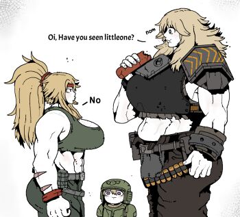  3girls abs arm_at_side armor astra_militarum bandolier bare_arms belt blind_spot_(meme) blonde_hair bracelet breasts bright_pupils cadian_shock_troops catachan_jungle_fighter chest_height chibi combat_helmet commentary dinka_(octosoup) english_commentary english_text explosive food from_side green_tank_top grenade hand_up headband helmet highres holding holding_food imperium_of_man insignia jewelry kalani_(octosoup) large_breasts less_than_chest_height long_hair looking_at_another medium_hair meme midriff military military_combat_uniform military_uniform multiple_girls muscular muscular_female octosoup ogryn original pants ponytail purple_eyes red_sweatband short_hair shoulder_armor simple_background sleeveless soldier sophia_(octosoup) sound_effects standing talking tall_female tank_top warhammer_40k white_background 