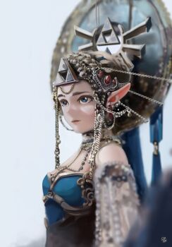  1girl absurdres armor artist_request brown_hair dana_(ocana_dana) dress elbow_gloves expressionless gloves green_eyes highres long_hair looking_at_viewer nintendo non-web_source own_hands_together pointy_ears portrait princess princess_zelda shoulder_armor signature solo source_request the_legend_of_zelda tiara triforce_print white_gloves  rating:General score:8 user:danbooru