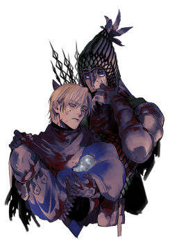  2boys armor black_gloves blonde_hair blood blood_on_clothes blue_eyes blue_surcoat cape cropped_torso curtained_hair elden_ring elden_ring_nightreign gloves green_hood hand_on_another's_shoulder highres holding ironeye_(elden_ring) looking_to_the_side loose_hair_strand mask mouth_mask multiple_boys osashimi_man quiver scale_armor white_background wylder_(elden_ring) 
