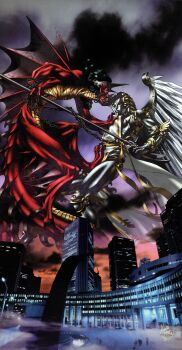  1998 absurdres android angel angel_wings artist_name battle belial_(megami_tensei) black_hair blue_eyes chain cityscape claws clothes_grab colored_skin demon demon_(megami_tensei) demon_wings fog highres horns joints kazuma_kaneko metatron_(megami_tensei) neckwear_grab official_art photoshop_(medium) pointy_ears polearm red_skin robot_joints scales shin_megami_tensei shin_megami_tensei_i shiraishi_megumi_(colorist) signature tabard third-party_source trident weapon wings yellow_eyes 