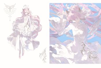  1girl absurdres ballet_slippers breasts brown_horns cleavage cleavage_cutout clothing_cutout cloud_halo dress earrings expressionless flower flower_earrings full_body hair_ornament halo highres horns jewelry layered_sleeves lily_of_the_valley long_hair long_sleeves looking_down multiple_views original pantyhose pink_hair pink_slippers shen_a_fang slippers very_long_hair watermark white_dress white_flower white_halo white_pantyhose white_wings wide_sleeves wings 