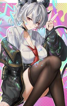  1girl absurdres alternate_costume black_choker black_horns black_jacket black_nails black_thighhighs breasts choker cleavage collared_shirt colorful_background commentary_request curled_horns feet_out_of_frame fingernails grey_hair hair_between_eyes hand_up highres horns jacket knees_up large_breasts looking_at_viewer mole mole_under_eye nail_polish necktie off_shoulder parted_lips red_eyes red_necktie shirt sitting solo thighhighs thighs v wuthering_waves yoru_shiki zani_(wuthering_waves) 