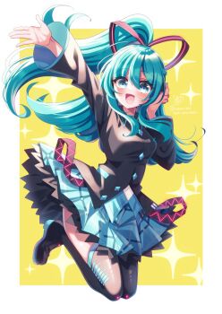 1girl :d aqua_eyes aqua_hair aqua_skirt aqua_trim arm_up backlighting black_boots black_jacket black_ribbon blush boots border braid breasts buttons collared_jacket diamond_button doroshii dot_nose flipped_hair full_body hair_between_eyes hair_ribbon half_up_braid hand_up hatsune_miku hatsune_miku_(if) high_ponytail highres jacket jumping long_hair long_sleeves looking_at_viewer lower_teeth_only miniskirt open_mouth outside_border outstretched_arm petticoat pleated_skirt ponytail ribbon sidelocks simple_background single_braid skindentation skirt small_breasts smile solo sparkle_background tareme teeth thigh_boots thigh_tease thighhighs tongue twitter_username vocaloid white_border wide_sleeves yellow_background zettai_ryouiki rating:General score:1 user:danbooru