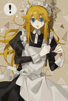  ! 1boy :d abs androgynous anonymous1203 apron black_dress blue_eyes cowboy_shot crossdressing dress epic_battle_fantasy frilled_sleeves frills highres long_hair looking_at_viewer maid maid_apron maid_headdress male_focus matt_(epic_battle_fantasy) open_mouth smile solo sweat white_apron 