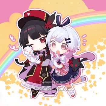  2girls animal animalization black_cat black_dress black_hair blue_dress cape cat chibi chibi_only chinese_commentary commentary_request commission dog dress full_body gradient_hair hair_ornament hat highres holding holding_animal long_hair long_sleeves looking_at_another mahou_shoujo_no_majo_saiban mimi_(chenzi0809) multicolored_hair multiple_girls nikaido_hiro one_eye_closed open_mouth person_and_animalization pink_cape pink_eyes rainbow red_eyes red_hat sakuraba_ema short_hair standing white_hair 