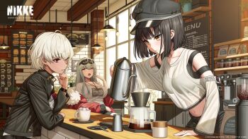  3girls black_hair black_hat black_jacket black_pants breasts cafe cafe_sweety_(nikke) closed_mouth commentary_request day frima_(nikke) goddess_of_victory:_nikke grey_hair hat holding holding_kettle indoors jacket kettle large_breasts long_hair long_sleeves looking_at_another looking_at_viewer medium_hair milk_(nikke) multiple_girls official_art open_clothes open_jacket orange_eyes pants see-through_clothes see-through_shirt shirt sitting sleep_mask standing sugar_(nikke) white_shirt window yawning yellow_eyes 