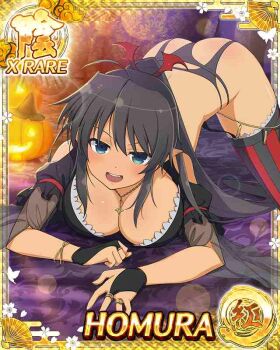  1girl ahoge aqua_eyes ass black_bridal_gauntlets black_hair black_panties black_thighhighs border breasts bridal_gauntlets card_(medium) character_name cleavage crop_top dark-skinned_female dark_skin demon_girl game_cg garter_belt garter_straps hair_ribbon halloween halloween_costume hat high_ponytail homura_(senran_kagura) jack-o'-lantern jewelry jpeg_artifacts large_breasts long_hair looking_at_viewer necklace official_art open_mouth panties pointy_ears ponytail red_thighhighs ribbon senran_kagura senran_kagura_new_wave smile solo striped_clothes striped_thighhighs tan thighhighs third-party_source thong top-down_bottom-up underwear very_long_hair witch_hat 