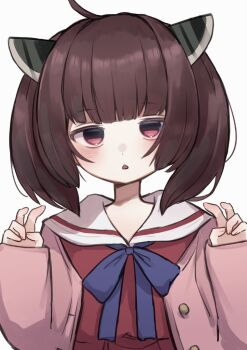  1girl ahoge arazan_(ara_arazan24) bent_v blue_ribbon blunt_bangs brown_hair cardigan casual dress hair_over_shoulder hands_up hashtag-only_commentary headgear jitome long_sleeves looking_at_viewer medium_hair neck_ribbon official_alternate_costume pink_cardigan red_dress red_eyes ribbon sailor_collar simple_background solo touhoku_kiritan triangle_mouth twintails upper_body v voiceroid white_background white_sailor_collar 