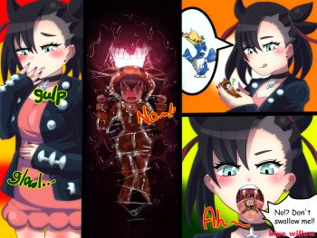  2girls ? @_@ artist_name asymmetrical_hair black_hair black_nails blue_eyes blue_willow blush breasts choker collar comic cosplay cramorant crying earrings eevee eevee_(cosplay) english_text gen_1_pokemon gen_8_pokemon giant giantess hand_on_stomach hand_to_mouth inside_creature jewelry licking_lips marnie_(pokemon) medium_breasts multiple_girls nail_polish nintendo open_mouth pikachu poke_kid_(pokemon) pokemon pokemon_swsh saliva saliva_trail short_hair speech_bubble standing stud_earrings swallowing tears teeth tongue tongue_out twintails uvula vore wavy_mouth 