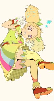 1girl afro_puffs aikatsu! aikatsu!_(series) blonde_hair bow brown_shoes double_ok_sign from_below full_body gloves green_bow green_shirt green_skirt hair_bow highres idol_clothes long_hair looking_at_viewer ok_sign open_mouth saegusa_kii semham shirt shoe_soles shoes skirt smile solo thighhighs twintails white_background white_gloves yellow_thighhighs rating:General score:2 user:danbooru