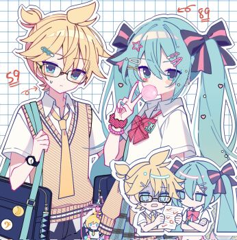  1boy 1girl academic_test aqua_eyes aqua_hair bag black_pants blonde_hair blue_eyes blue_hair blush bow bracelet character_charm charm_(object) checkered_clothes checkered_skirt chewing_gum clothes_around_waist collared_shirt commentary crossed_arms glasses hair_between_eyes hair_ornament hair_ribbon hairclip hatsune_miku highres holding holding_bag holding_paper jewelry kagamine_len long_hair looking_at_viewer mzil3399 necktie nervous_sweating pants paper pin red_ribbon ribbon school_uniform shirt skirt sweat sweater_vest test_score twintails untranslatable_commentary v very_long_hair vocaloid watch white_shirt yellow_necktie yellow_sweater_vest 