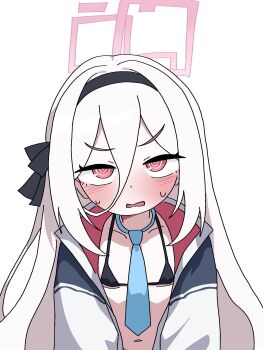  1girl black_hairband blue_archive blue_necktie bra furrowed_brow hair_between_eyes hair_ribbon hairband halo highres jacket kei_(blue_archive) loli long_hair naked_jacket navel necktie pink_halo red_eyes ribbon saewoocho_bab simple_background solo sweatdrop underwear upper_body wavy_mouth white_background white_hair 