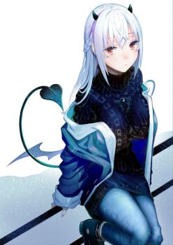  black_boots black_dress black_horns black_tail boots breasts commentary_request demon_horns demon_tail demon_wings denim dress expressionless hair_between_eyes hakase_fuyuki highres horns jacket jeans jewelry large_breasts long_hair looking_at_viewer low_wings necklace nijisanji on_railing open_clothes open_jacket pants puyo_(puyotopia) railing red_eyes sitting sweater sweater_dress tail turtleneck turtleneck_dress virtual_youtuber white_background white_hair wings 