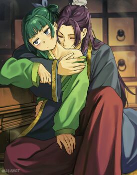  1boy 1girl annoyed arm_around_waist artist_name biting blue_eyes blue_kimono blue_skirt blunt_bangs blush bun_cover chinese_text collarbone embarrassed freckles green_hair green_kimono green_shirt hair_bun highres holding_another's_waist japanese_clothes jinshi_(kusuriya_no_hitorigoto) kimono kusuriya_no_hitorigoto leaning_to_the_side long_hair long_skirt long_sleeves looking_ahead looking_to_the_side looking_up maomao_(kusuriya_no_hitorigoto) neck_biting on_floor open_mouth puffy_long_sleeves puffy_sleeves purple_hair red_skirt shirt sidelocks single_bare_shoulder single_hair_bun sitting sitting_on_lap sitting_on_person skirt sweat sweatdrop teeth very_long_hair waist_hold waligner 