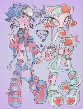 2girls amatou_akuma animal_ears aqua_eyes aqua_hair asymmetrical_legwear asymmetrical_shoes bandaid belt belt_buckle blue_buckle blue_gloves blue_hair blue_leg_warmers blue_leotard blue_sclera blue_shoes blue_strap blue_tail blue_thighhighs buckle cat_ears choker cleavage_cutout clothing_cutout collar colored_sclera demon_tail dripping ear_piercing earrings fake_animal_ears fake_tail female_focus fingerless_gloves from_side full_body garter_straps gloves gradient_background gradient_eyes gradient_legwear gradient_sclera hair_ornament headphones heart heart-shaped_pupils heart_cutout heart_hair_ornament heart_pasties heart_print heart_wand heterochromia highres holding holding_wand holding_weapon index_finger_raised jacket jewelry kneehighs leg_warmers leotard long_sleeves looking_at_viewer melting melting_heart mismatched_legwear multicolored_eyes multicolored_sclera multiple_girls one-eyed original over-kneehighs pasties piercing pink_drawstring pink_eyes pink_gloves pink_jacket pink_leg_warmers pink_sclera pink_shoes pink_sneakers pink_straps pink_thigh_strap platform_shoes platform_sneakers purple_background red_eyes shoes short_hair simple_background skates sleeveless sneakers socks spikes standing symbol-shaped_pupils tail thigh_strap thighhighs uneven_legwear veins wand weapon x-shaped_pupils