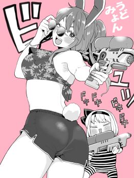  2girls :d ;d =_= animal_ears armpits ass back bare_shoulders bracelet breasts cloud greyscale_with_colored_background hairband highres holding holding_removed_eyewear holding_water_gun jewelry konpaku_youmu koyama_shigeru long_hair looking_at_viewer multiple_girls old-fashioned_swimsuit one-piece_swimsuit one_eye_closed open_mouth pink_background ponytail rabbit_ears rabbit_tail reisen_udongein_inaba short_hair shorts smile striped_clothes striped_one-piece_swimsuit sunglasses sweat swimsuit tail teeth thighs touhou unworn_eyewear water_gun 